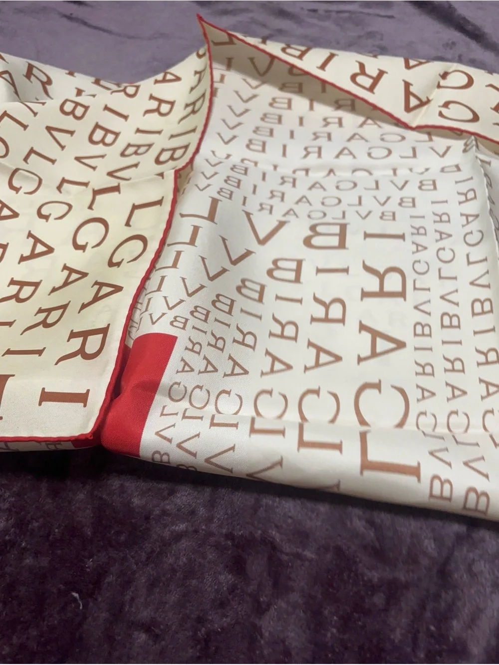 Bulgari Cream Silk Scarf with Brown Logo and Red Edge